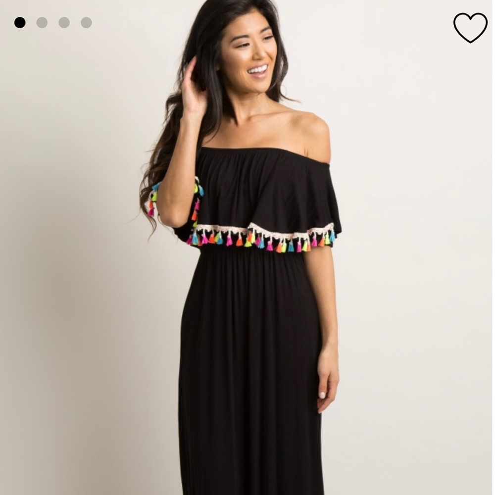 Black Tassel Trim Off Shoulder Maxi Dress